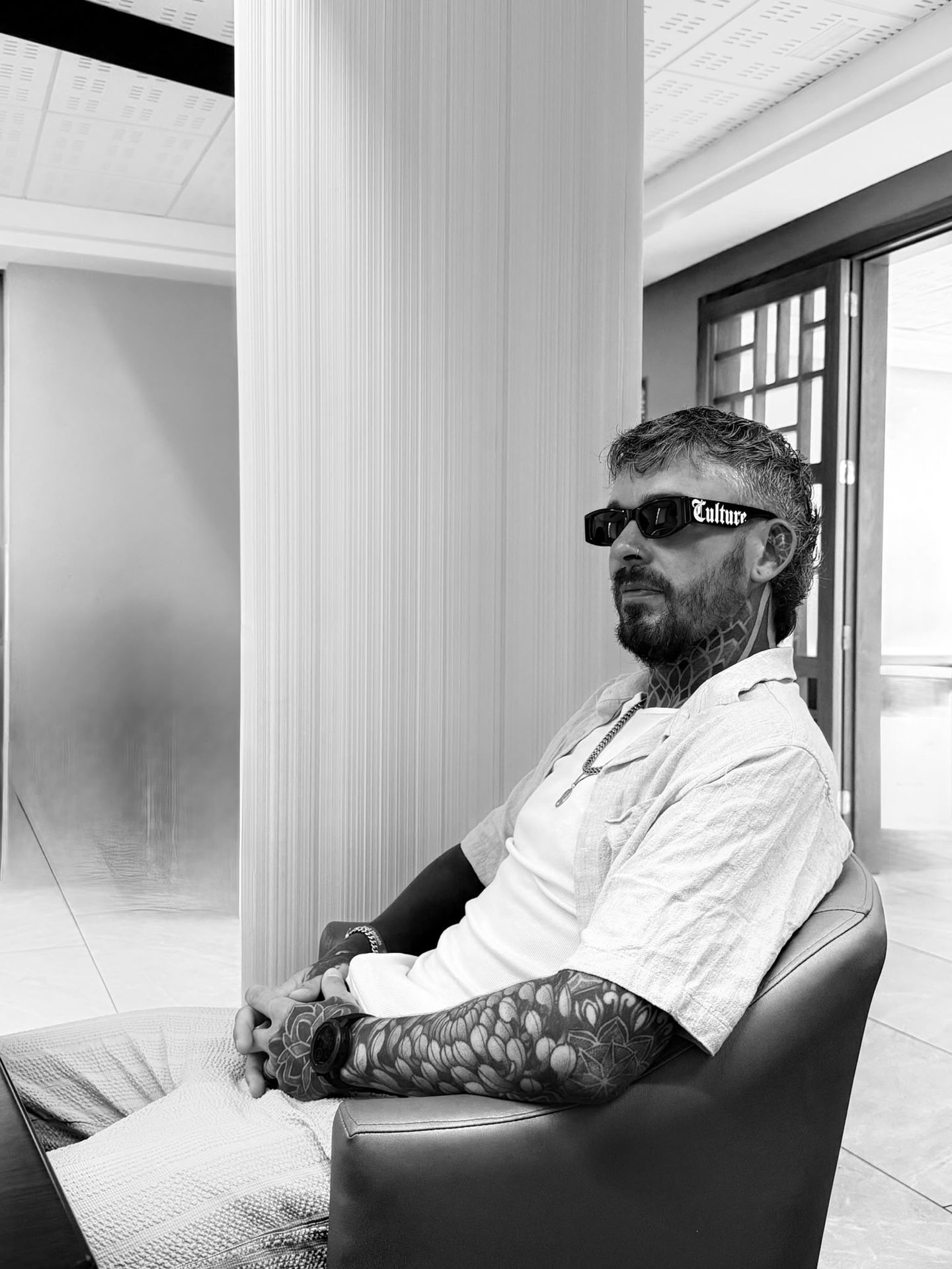Portrait of Liam Couper, tattoo artist, Fife